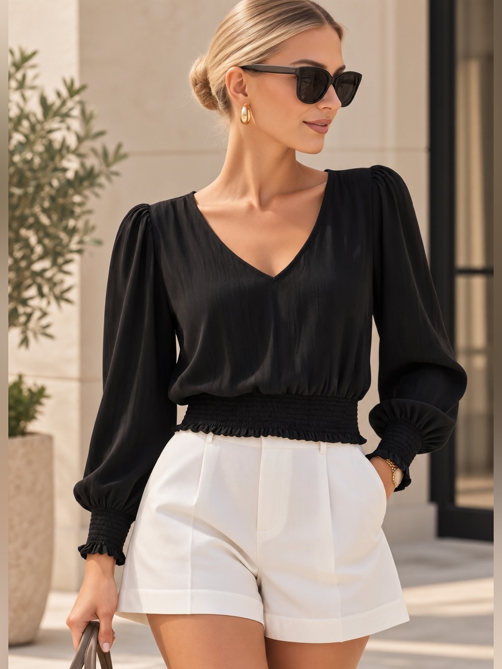 MICHAEL Michael Kors Black V-Neck Long Sleeve Smocked Hem Top ✨